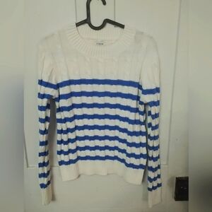 NWT J. Crew Women's Cableknit Crew  Cotton Sweater Blue White Stripes Size Small